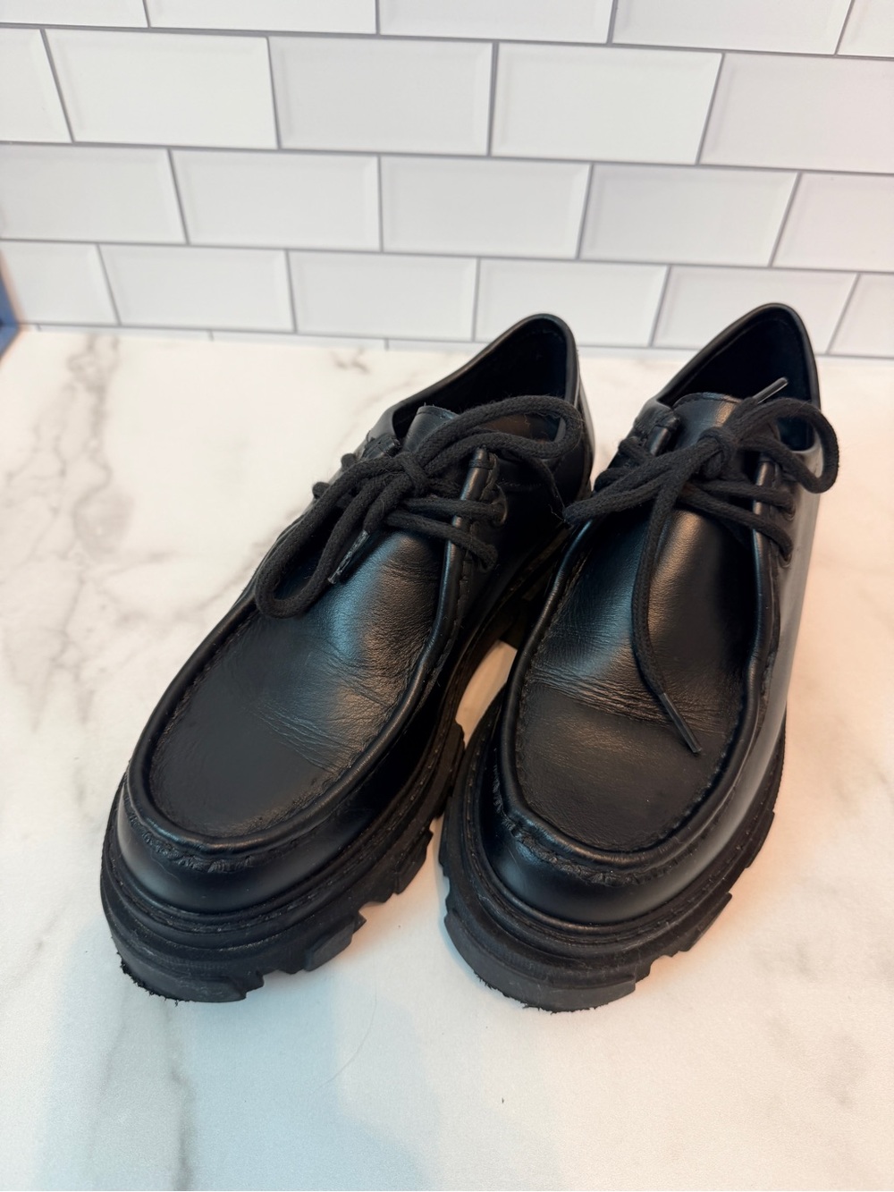 Sam Edelman Danice Black Leather Chunky Block Heel Lug Sole Slip On Loafers